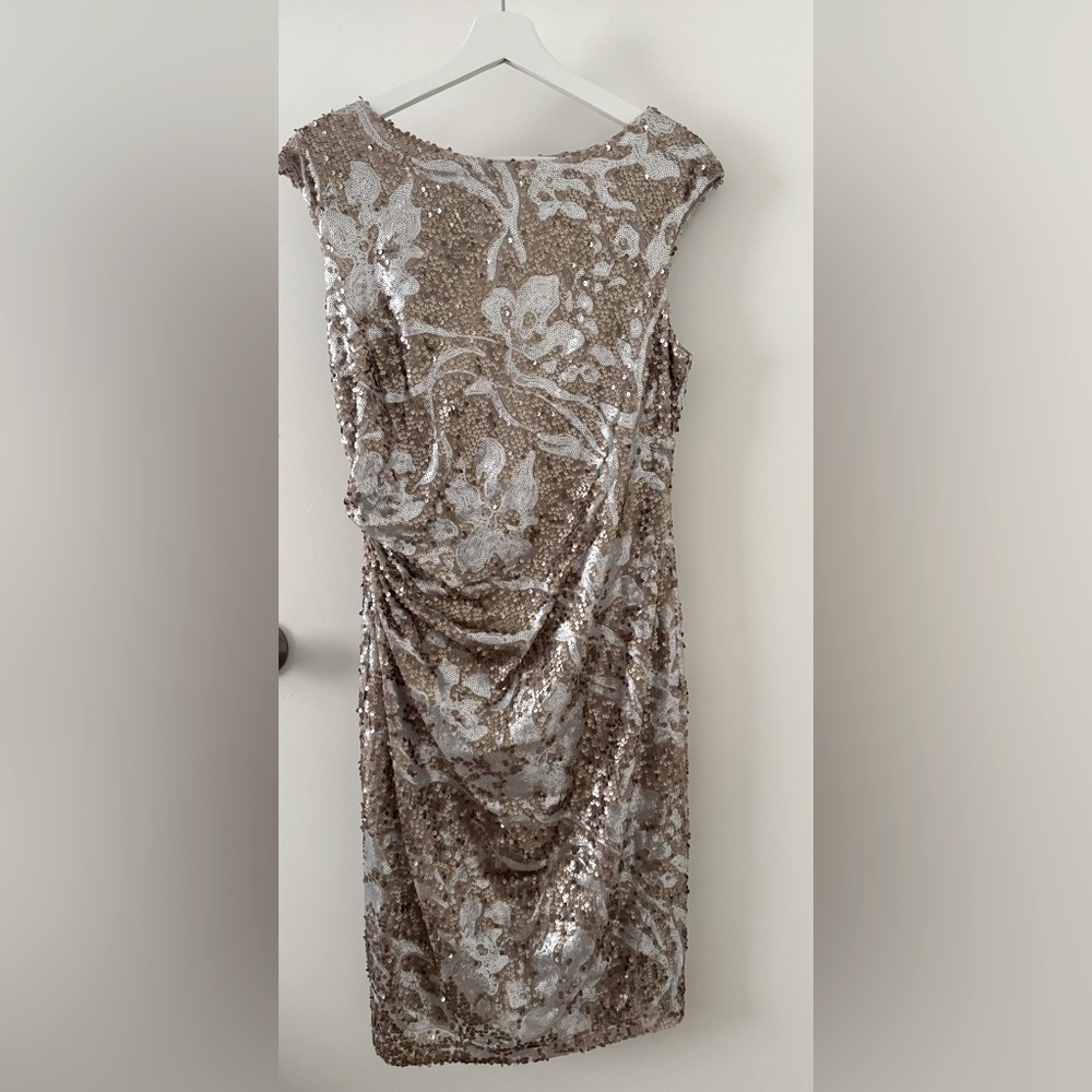 David Meister cocktail midi dress in rose gold and silver
